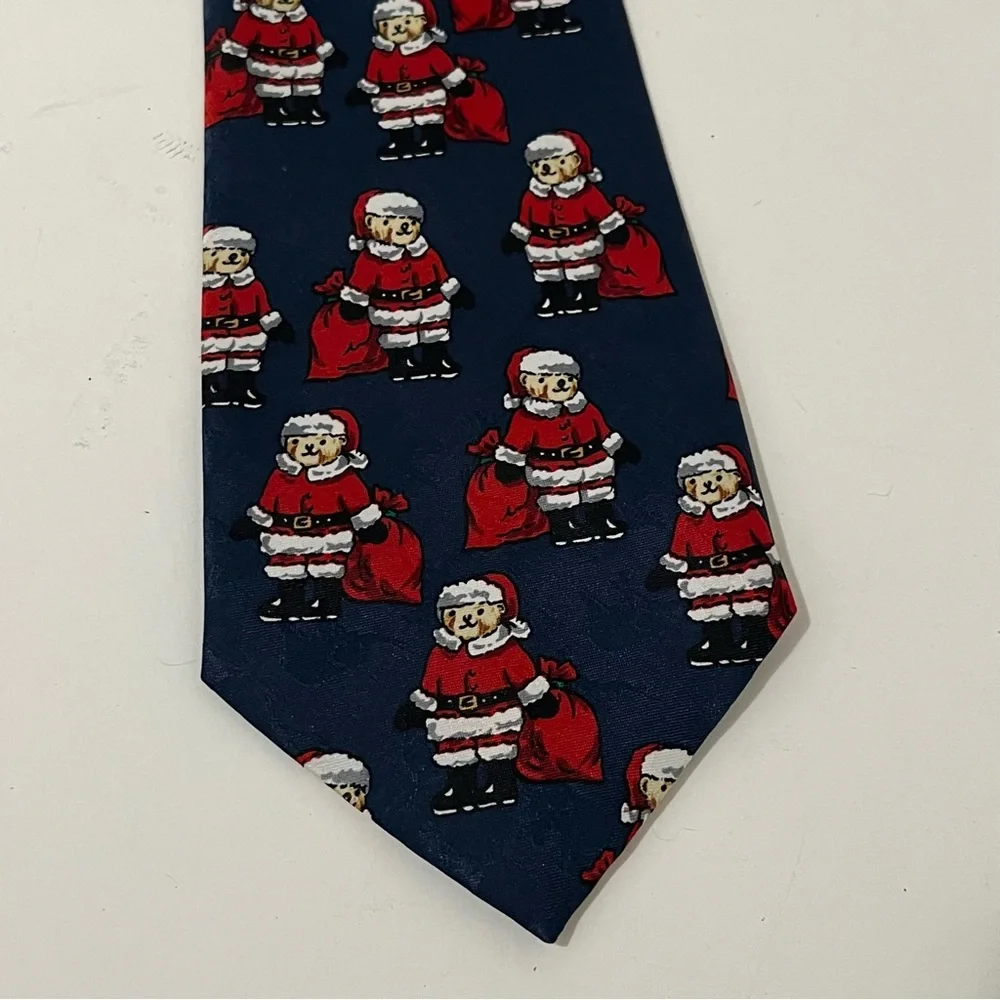 Sette & Bello Navy Blue Red Teddy Bear Santa Polyester Mens Neck Tie Christmas